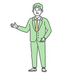 身ぶりを交えて案内しているスーツ姿のビジネスパーソン
