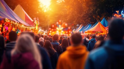 Visitors explore a lively market filled with colorful tents, decorations, and lights while enjoying evening festivities and entertainment