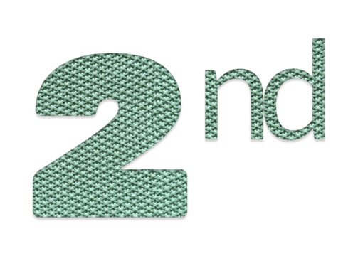 Green knitten‑texture “2nd” ordinal number isolated on transparent background, ideal for second‑anniversary invitations, milestone birthday designs, banners, marketing graphics and greeting cards