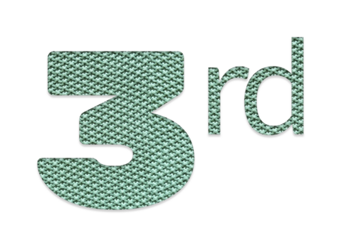 Green knitten‑texture “3rd” ordinal number isolated on transparent background, perfect for third‑anniversary invitations, milestone birthday designs, banners, marketing graphics and greeting cards