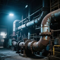 Industrial Interior with Large Pipes and Machinery