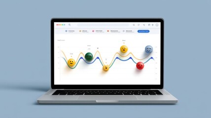 A laptop displays an analytical graph with colorful emoji faces representing different data points and emotions on a blue background.