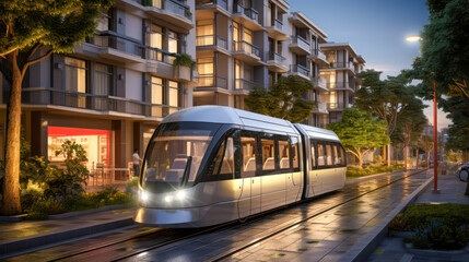 Obraz premium A sleek tram travels along tracks surrounded by lush trees and classic buildings under gentle morning light, creating a peaceful urban atmosphere.