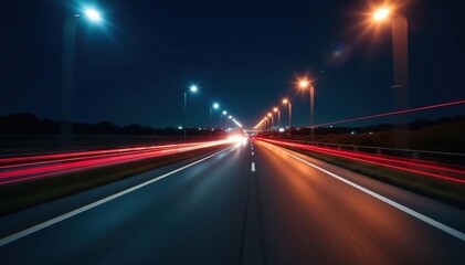 Blurred motion of a speeding car on a highway at night, streaks of light visible , motion, abstract