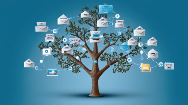 A tree with branches displaying envelopes and digital mail icons, symbolizing email communication and connection on a blue background. - Powered by Adobe