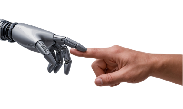 Futuristic robot finger touches a human finger, representing AI-human interaction and innovation, isolated on transparent background