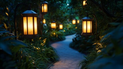 Lighted pathway through a lush garden at night