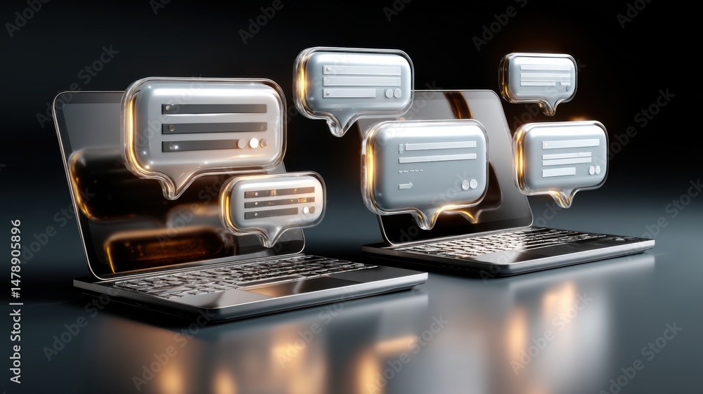 Poster two laptops with digital chat bubbles floating above them, symbolizing online communication, messagi