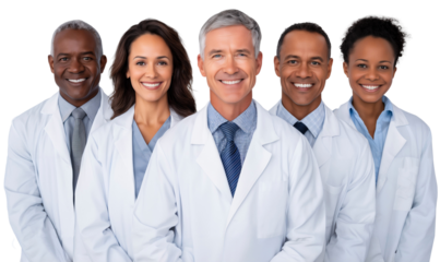 Group of healthcare medical team smiling and standing together, isolated on white background