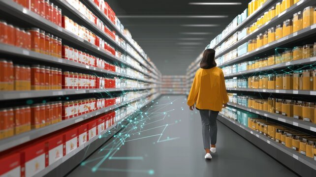 A woman walks down a brightly lit grocery store aisle lined with packaged goods, suggesting modern shopping and technology integration.