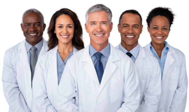 Group of healthcare medical team smiling and standing together, isolated on white background