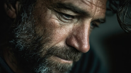 Obraz premium Man in deep thought, looking down with focus. Introspection and quiet determination in a moment of reflection.