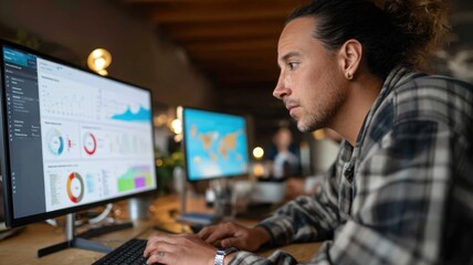 Focused professional analyzing data charts and graphs on dual computer monitors in a modern office environment.