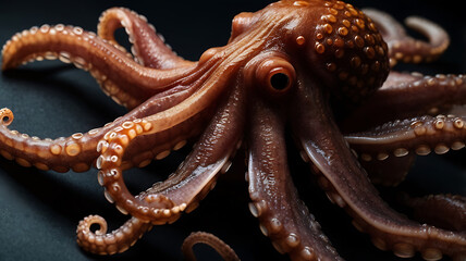 Close-up studio shot of a fresh, cooked octopus with detailed textures and colors.