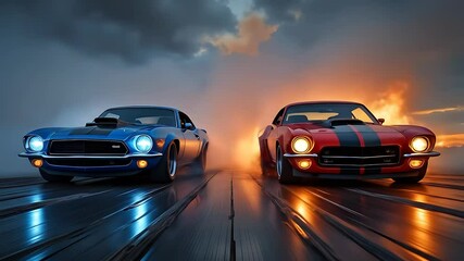 Two Cars Racing with Flames and Smoke Dynamic Scene