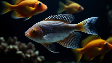 Close-up view of colorful fish swimming in a dark aquarium with other fish.