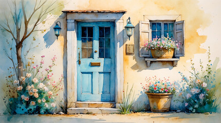 vintage flower door with pots urban sketch in watercolor soft washed out tone detailed illustration home decor design classic illustration wallpaper background