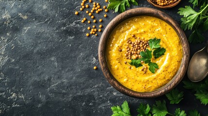 Mustard Sauce in Wooden Bowl with Parsley and Seeds on Dark Background Overhead Shot Food Photography
