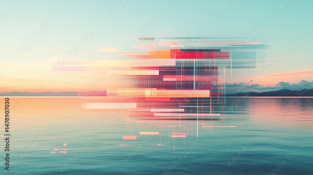 Aufkleber sunset casts colorful reflections on still water, while digital art elements add a unique touch to t
