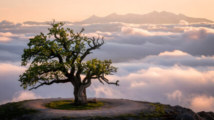 Obraz premium Solitary Tree at Sunset on Snowy Hill