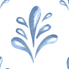 Fountain of blue drops of sea water watercolor seamless pattern for kids design. Dinamic splash of pure transparent liquid. Hand drawn illustration splater blobs of ocean in sketch style for textile.