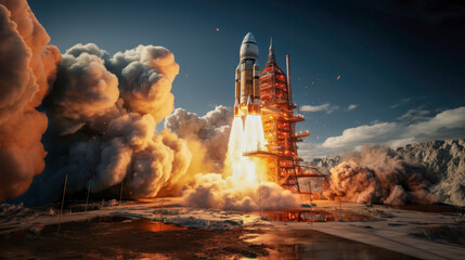 A powerful rocket ascends from a launch site during sunset, surrounded by billowing clouds and bright flames as it climbs into the sky, marking a moment of human achievement.