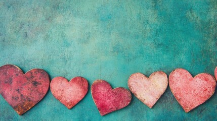 Fototapeta premium Colorful hearts in shades of red and pink are lined up against a teal backdrop, creating a charming and romantic atmosphere perfect for celebrations
