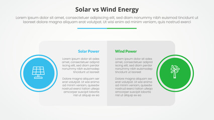 solar panel vs wind energy power comparison opposite infographic concept for slide presentation with big box table and circle badge on side with flat style