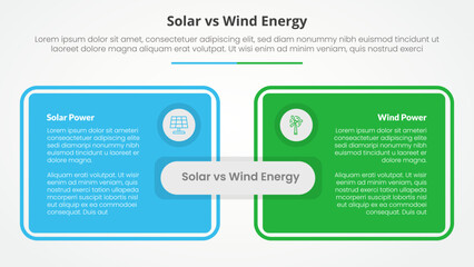 solar panel vs wind energy power comparison opposite infographic concept for slide presentation with big box table outline with flat style
