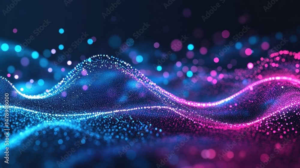 Poster colorful waves form a stunning visual display with shimmering particles against a dark background, c