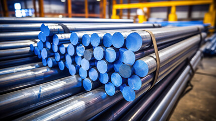 Metal rods stacked neatly in storage area of industrial warehouse during daytime