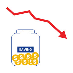 A jar labeled “savings” filled with coins and a red arrow pointing down symbolizes financial loss, reduced income, or dwindling savings in tough economic times.