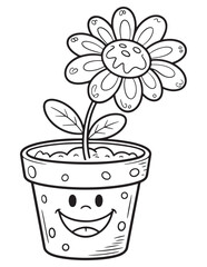 Cartoon Potted Flower with Happy Face - Fun Coloring Page for All Ages