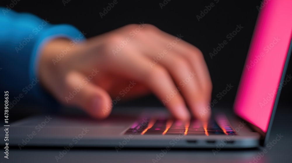 Poster a hand is positioned above a laptop keyboard, typing as colorful backlighting illuminates the keys i