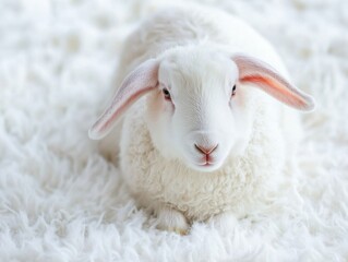 Fototapeta premium Close-up of a White Angora Rabbit Resting on a Fluffy White Blanket, Eye-Level View, Studio Shot, Soft Lighting, Calm and Peaceful
