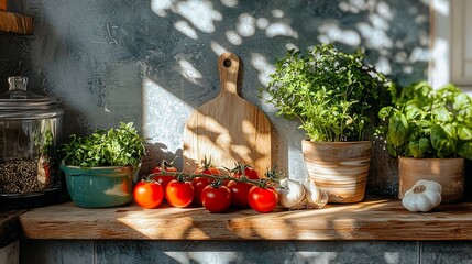 Sun-drenched kitchen countertop display with fresh herbs and tomatoes