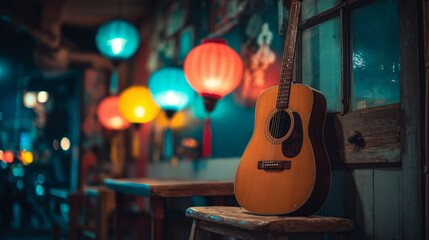 Acoustic guitar on a wooden bench, a moment of quiet inspiration
