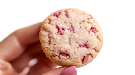 A person is holding a cookie with pink frosting and sprinkles