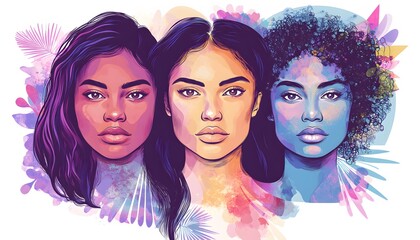 Obraz premium Three women's faces, depicted in a vibrant, digital art style.