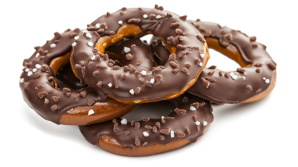 A stack of chocolate doughnuts with sprinkles on top