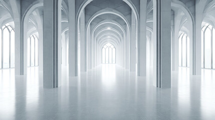 Obraz premium Minimalist concrete hall with towering columns and arched windows, embodying serene symmetry and modern elegance.