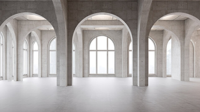 Minimalist concrete hall with towering columns and arched windows, embodying serene symmetry and modern elegance.