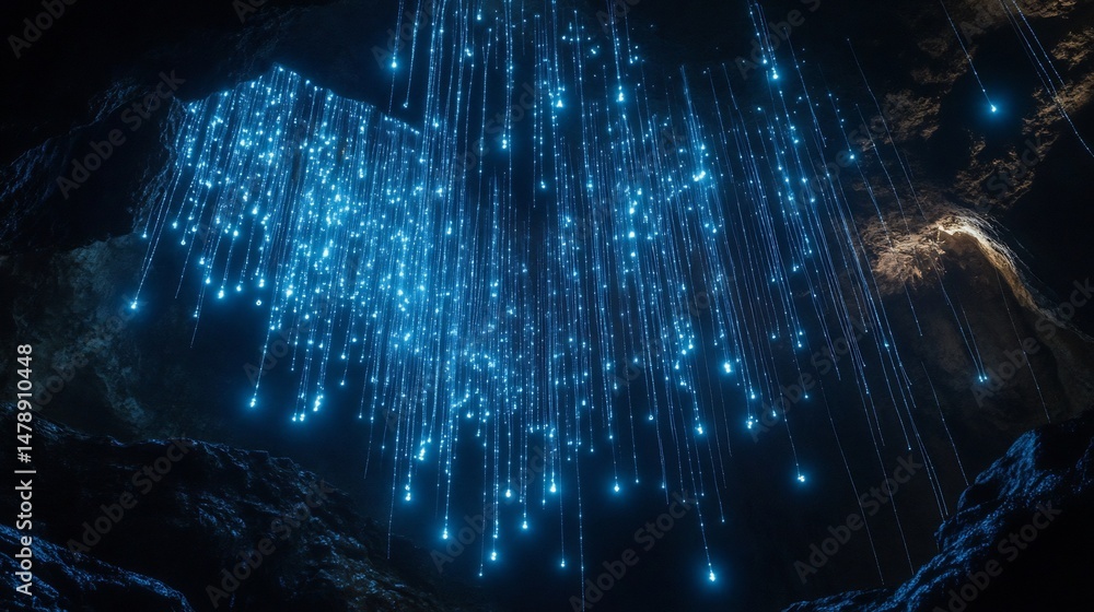 Fototapete Bioluminescent glow worms hanging cave ceiling forming light curtain in total darkness unique underground biosphere