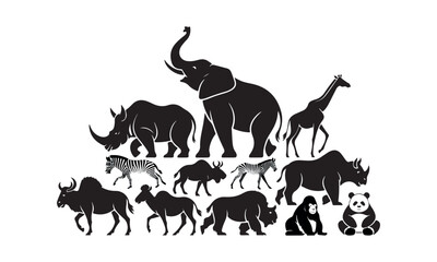 This image showcases a collection of black silhouette animal figures, including elephants, giraffes, rhinos, zebras, wildebeest, gorillas, pandas, and various other animals, against a plain white back
