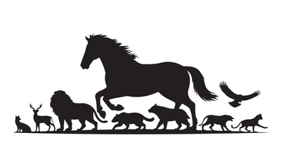 This black and white silhouette image shows a diverse group of animals – a horse, lion, deer, fox, various canines, and an eagle – in motion, suggesting a dynamic scene of the natural world. on white 