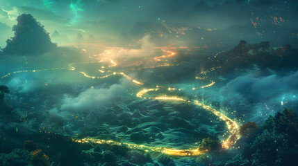 Fototapeta premium A dreamy landscape with glowing streams winding through misty mountains and a celestial sky above it all