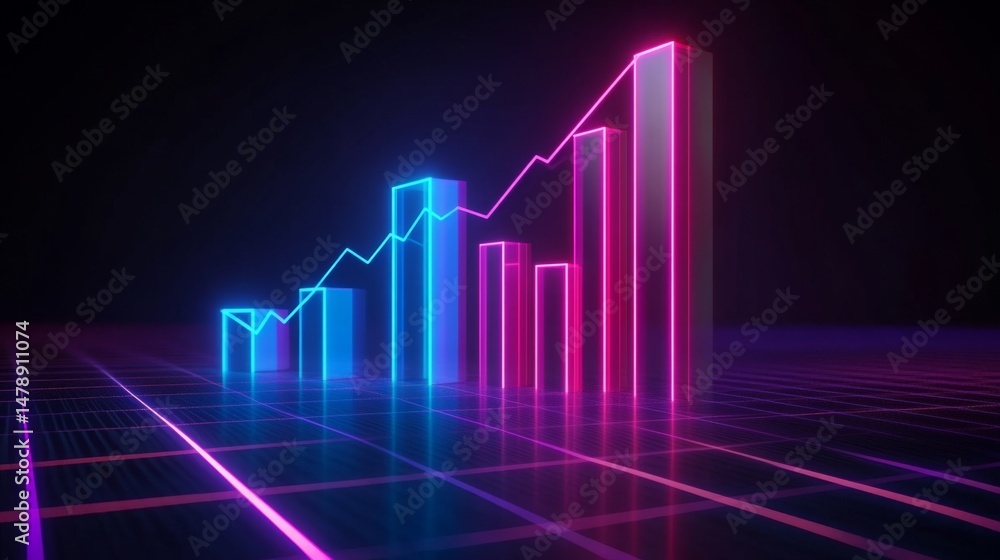 Poster d bar graph with transparent bars on a digital grid, glowing neon lines on the base, creating a high