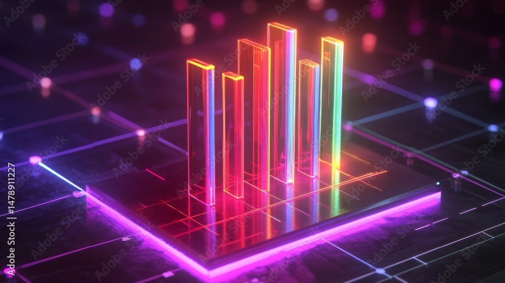 Poster d bar graph with transparent bars on a digital grid, glowing neon lines on the base, creating a high