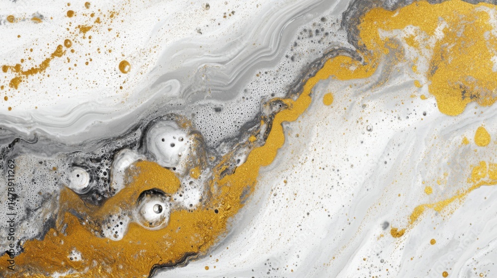 Poster abstract fluid art painting with gold and gray colors creating a marble effect from above with a mod