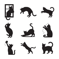 This set of nine black silhouette illustrations showcases various cat actions and poses. on white background